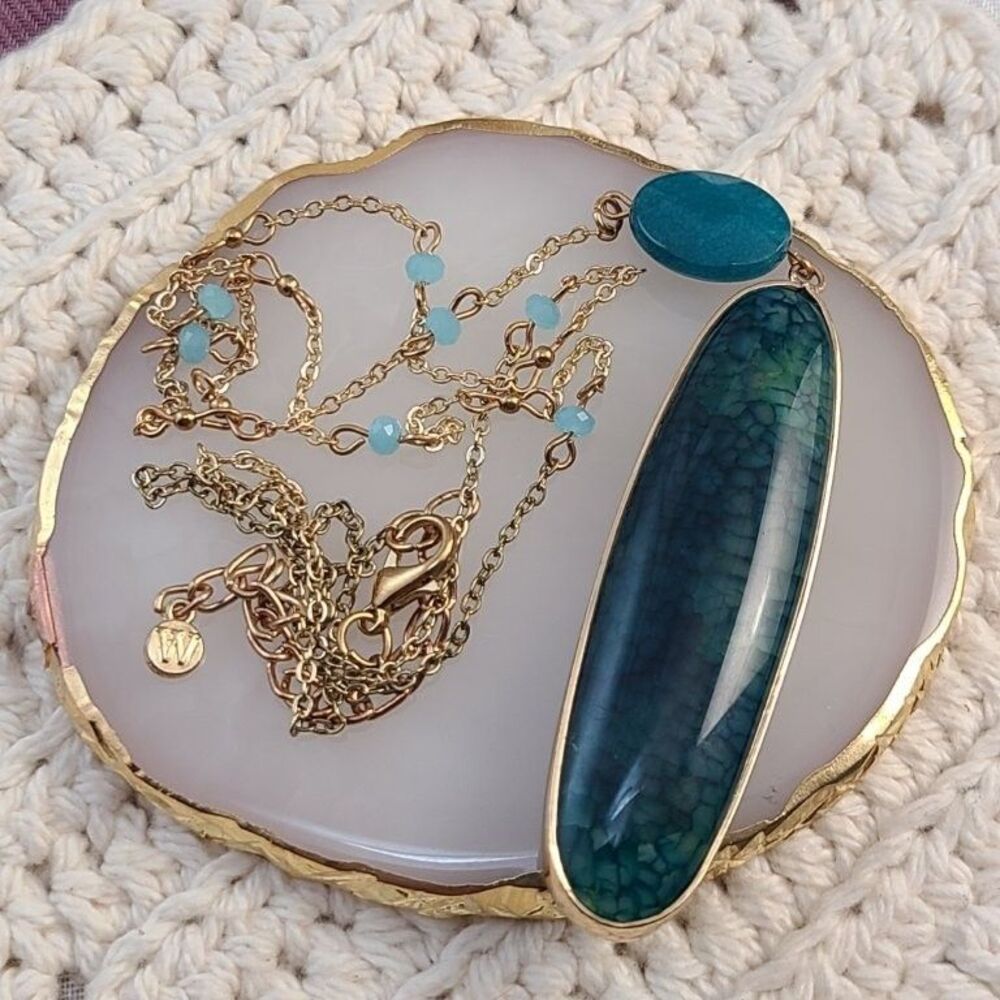 Woman Within Genuine Blue Agate Cabochon Drop Pendant Necklace Goldtone 24"